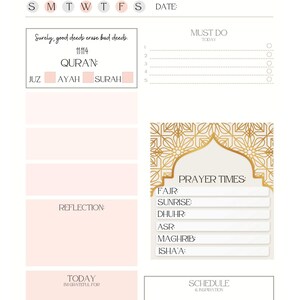 Puede incluir: Un planificador diario con un dise&ntilde;o rosa y dorado. El planificador incluye secciones para tareas diarias, reflexi&oacute;n y horarios de oraci&oacute;n. El texto "Surely, good deeds erase bad deeds. 11:114" est&aacute; impreso en la parte superior del planificador.