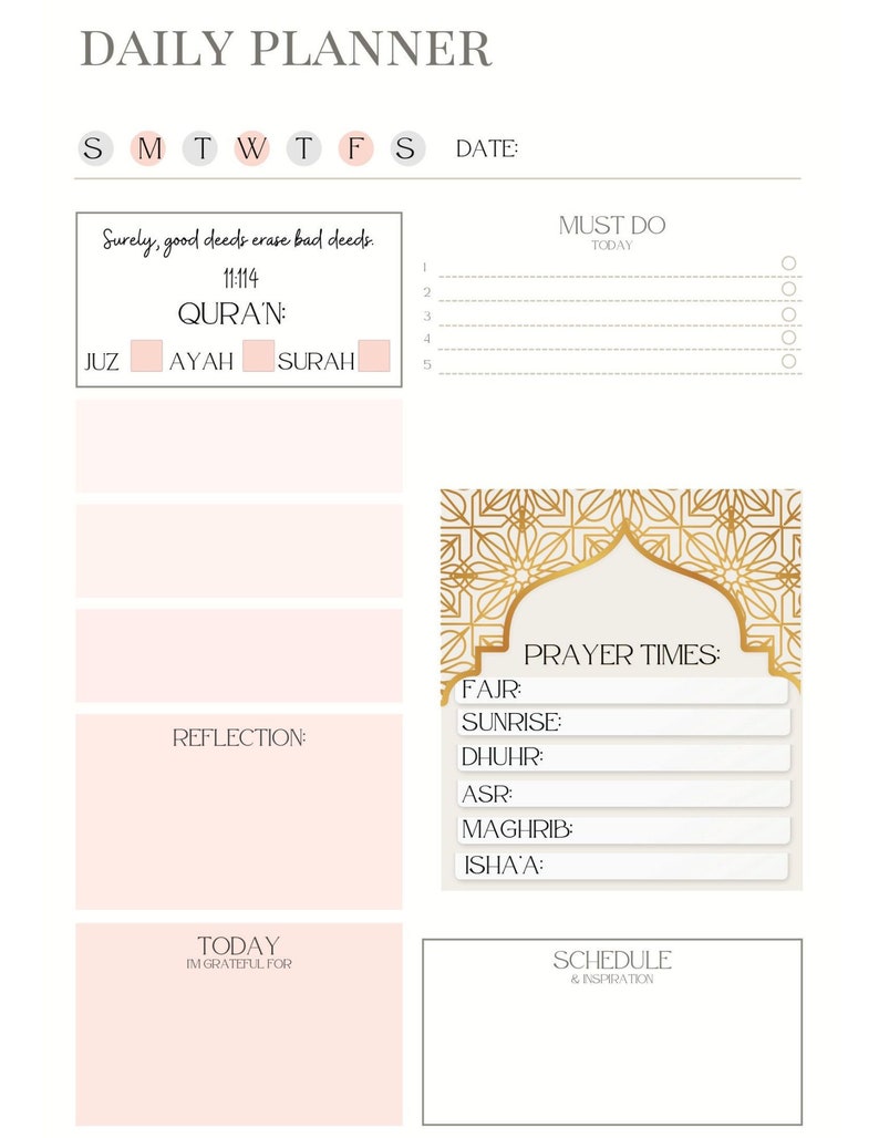 Puede incluir: Un planificador diario con un dise&ntilde;o rosa y dorado. El planificador incluye secciones para tareas diarias, reflexi&oacute;n y horarios de oraci&oacute;n. El texto "Surely, good deeds erase bad deeds. 11:114" est&aacute; impreso en la parte superior del planificador.