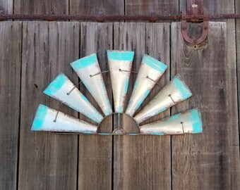 Turquoise Half Windmill Wall Decor: Distressed Farmhouse Metal Art (36" Wide)