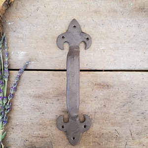 May include: A dark brown metal door handle with a fleur-de-lis design. The handle is mounted on a wooden surface.