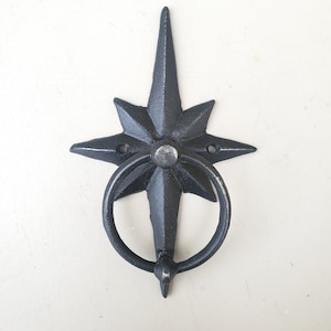 Cast Iron Star Door Knocker: Distressed Black Front Door Decor