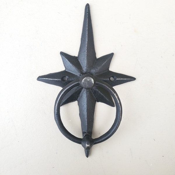 Cast Iron Star Door Knocker: Distressed Black Front Door Decor