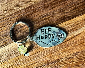 BEE'utiful "Bee Happy" Keyring with Charm - lovingly made using Vintage Spoons