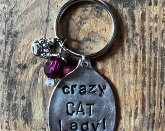 Quality Witty "Crazy Cat Lady" Keyring with Paw Charm - lovingly made using Vintage Spoons