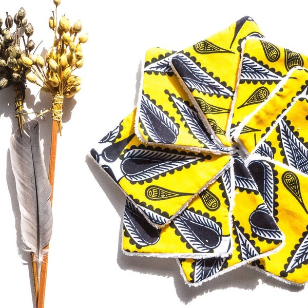 Lingettes démaquillantes lavables en wax et tissu éponge bambou,picot jaune et noir