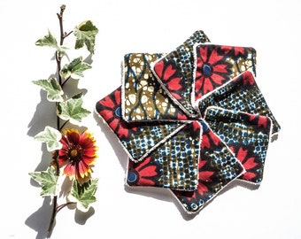 Washable makeup remover wipes made of wax and bamboo sponge fabric, red flower and khaki
