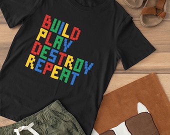 Build Play Destroy Repeat Building Blocks Bricks Master Builder Youth Short Sleeve Kids Heavy Cotton T-Shirt