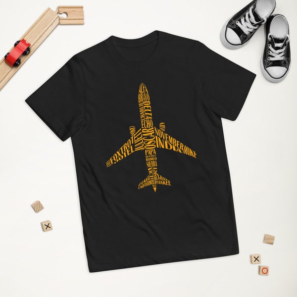 Kids Aviation Shirt, Phonetic Alphabet, Yellow Jet Airplane, Pilot Gifts for Boys and Girls, Future Airline Pilot Flying T-Shirt for Kids