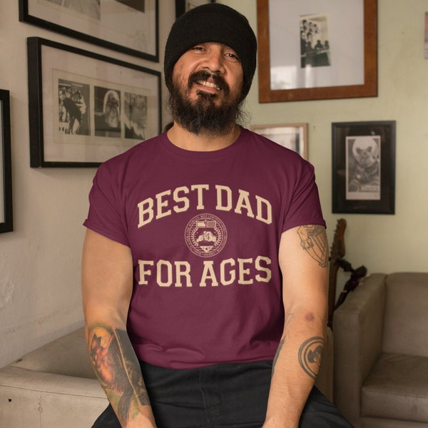 Best Dad For Ages, Fathers Day Tee, Dad Gift, Fathers Day Gift, Vintage College Style Shirt, Hero Dad, Unisex Jersey Short Sleeve T-Shirt