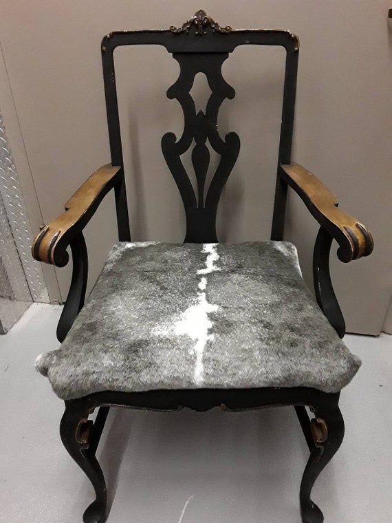 Custom Upcycled Queen Anne Chair With Faux Cowhide Etsy