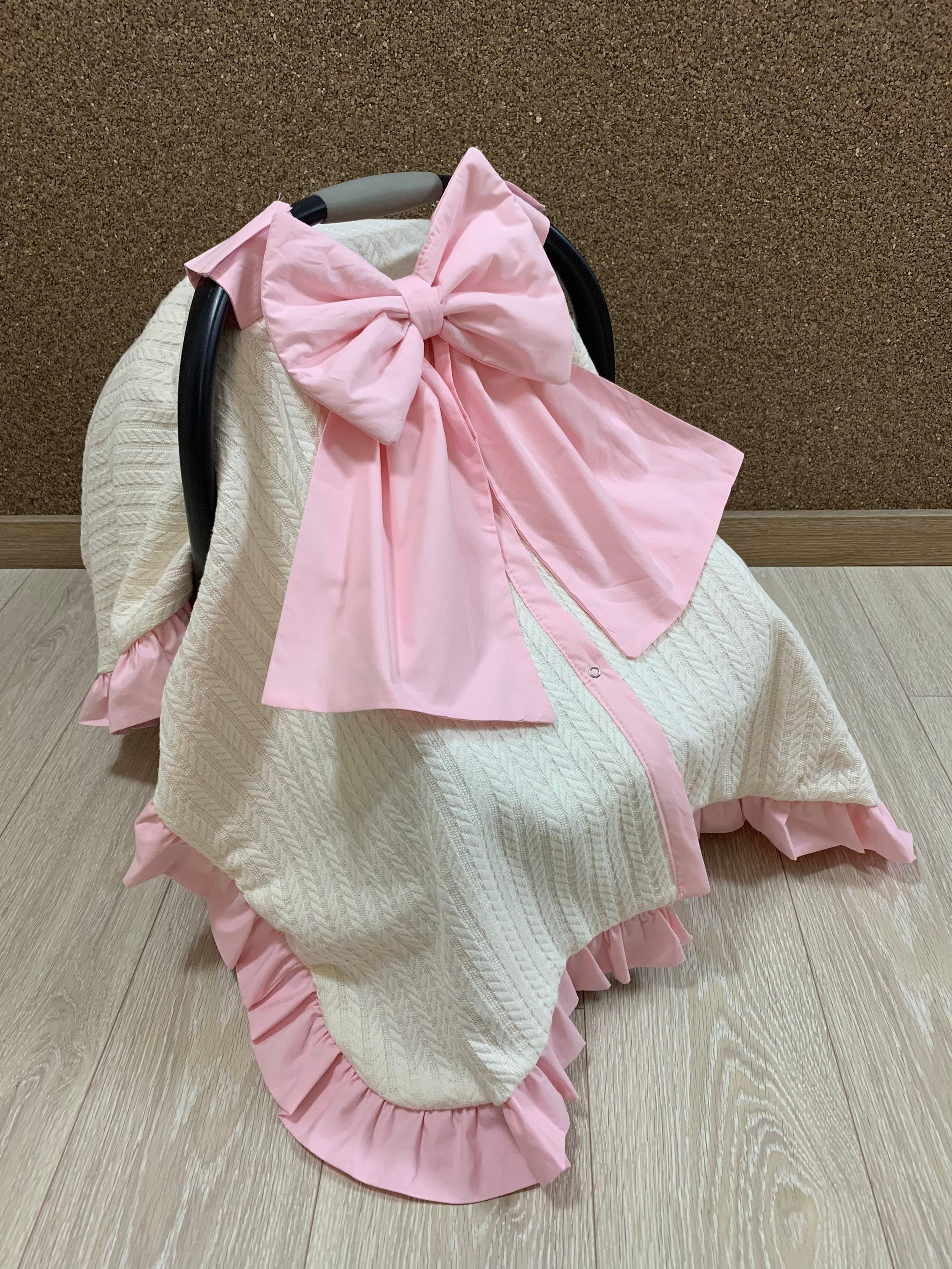 Baby Girl Car Seat Canopy: Cream Pique, Pink Bow & Ruffles, Personalized Cotton Cover