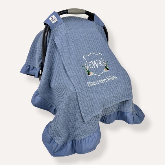 Personalized Baby Car Seat Canopy Cover: Indigo Blue Cotton Pique Fabric, Mallard Duck Design