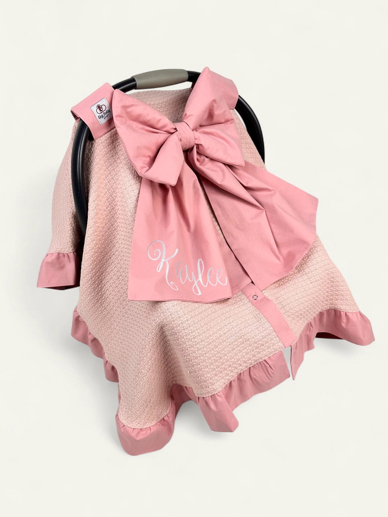 Car Seat Canopy Cover Baby Girl Blush Waffle Pique With Ruffles and Bow, Personalized Carseat Cover (100% Cotton, Protector)