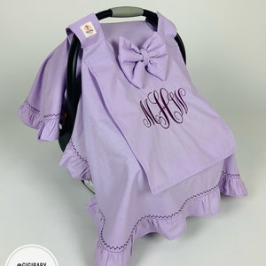 Funda para asiento de coche para bebé niña y niño, 100 % algodón, color lila, con volantes, lazo y ventana de malla, con costura decorativa.
