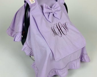 Car Seat Canopy Cover Baby Girl and Boy in Lilac 100% Cotton Fabric with Ruffles and Bow & Peekaboo Mesh Window,Decorative Stitched Cover