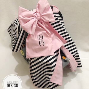 Funda para asiento de coche para niña con rayas blancas y negras y rosa claro, funda para asiento de coche personalizada