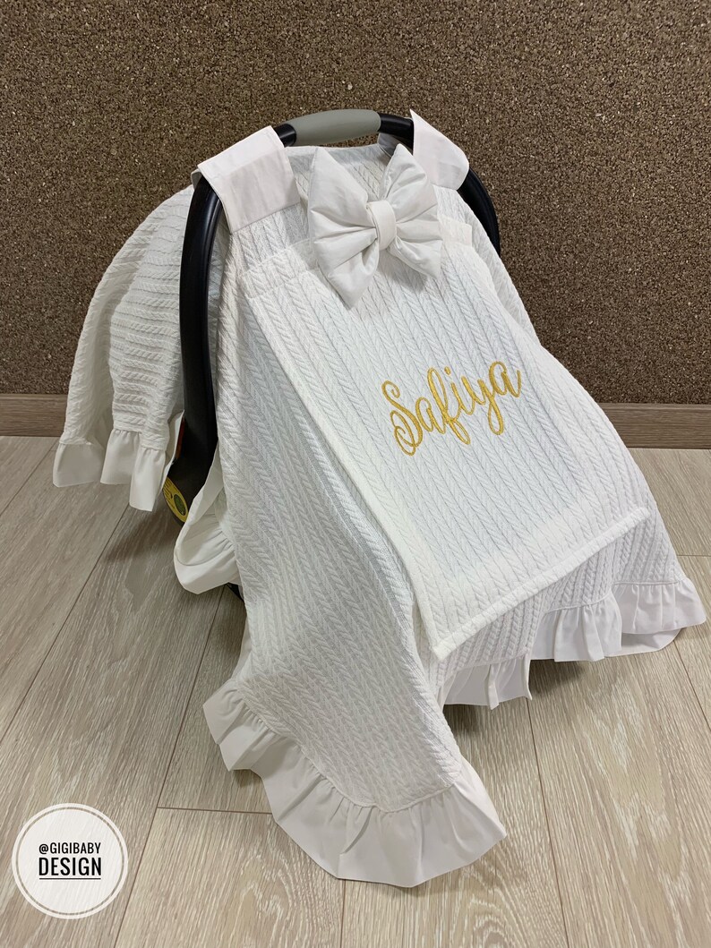 Car Seat Canopy Cover Baby Girl and Boy White / Gold Pique Etsy