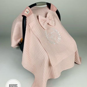 Funda para asiento de coche para bebé niña y niño en tela piqué ruborizada y ventana de malla Peekaboo, 100 % algodón, regalo personalizado para baby shower