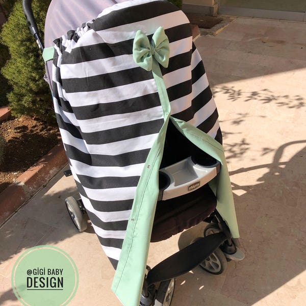 STROLLER COVER , Black & white Stripes with Mint Green and bow, Attachable Straps , Linen Fabric