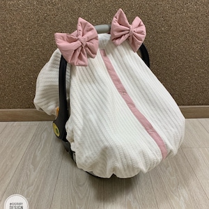 Car Seat Canopy Cover with Elastic Skirt for Baby Girl Cream Pique and Lining with Blush Bows, Personalized Car Seat Cover