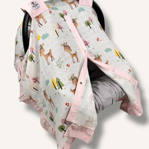 Baby Car Seat Canopy Cover: Pink Muslin with Deer Print & Ruffle