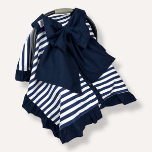 Personalized Car Seat Canopy with Navy Stripes and Ruffles, Handmade Baby Carset Cover