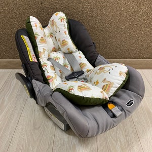 ベビー用カーシートクッション枕ヘッドレスト、キャメル柄とカーキ生地、100%オーガニックコットン生地、カスタマイズ可能なベビーシャワーギフト