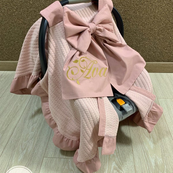 Car Seat Canopy Cover Baby Girl in Single Layered Blush Pique With Ruffles and Bow, Personalized Carseat Cover (100% Cotton, Protector)