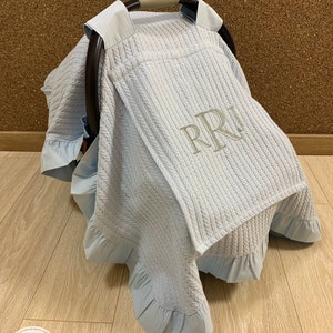 Car Seat Canopy Cover Baby Boy and Girl with Baby Blue Pique Peekaboo Mesh Window, Personalized Carseat Cover