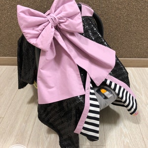 カーシートキャノピーカバー 女の子用 ブラック 光沢のあるスパンコールとラベンダー色のリボン付き