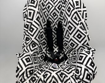 Wasserdichter Autositzbezug für Kinder in Schwarz & Weiß mit Gurtbezügen, 100% Bio-Baumwolle, anpassbares Babypartygeschenk