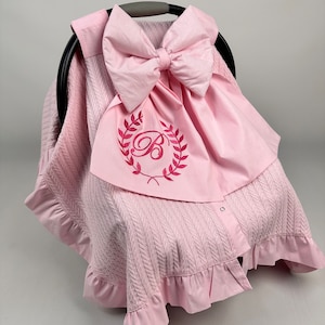 カーシートキャノピーカバー 女の子用 シングルレイヤー ピンクピケ フリルとリボン付き パーソナライズカーシートカバー ベビーシャワーギフト