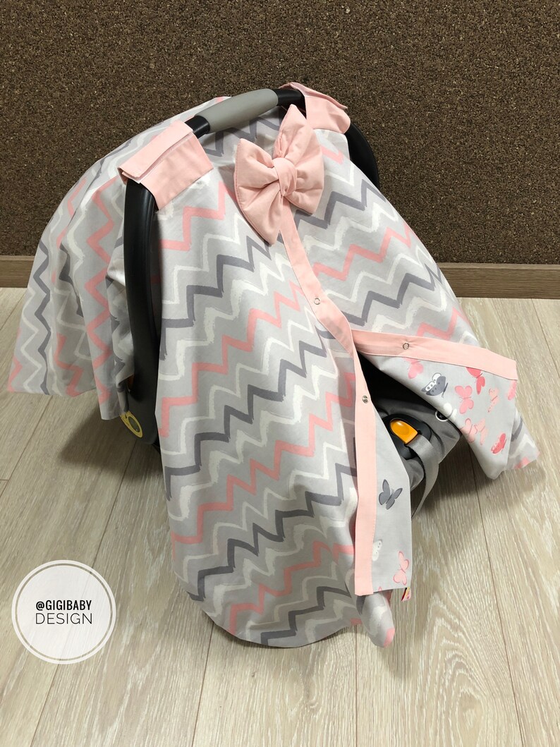 Car Seat Canopy Cover Baby Girl with Gray and Salmon Pink Etsy