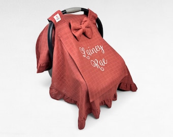 Car Seat Cover Baby Girl - Carseat Cover with Mesh - Car Seat Canopy Brick Red Muslin - Personalized Baby Shower Gift - Baby Gift Embroidery