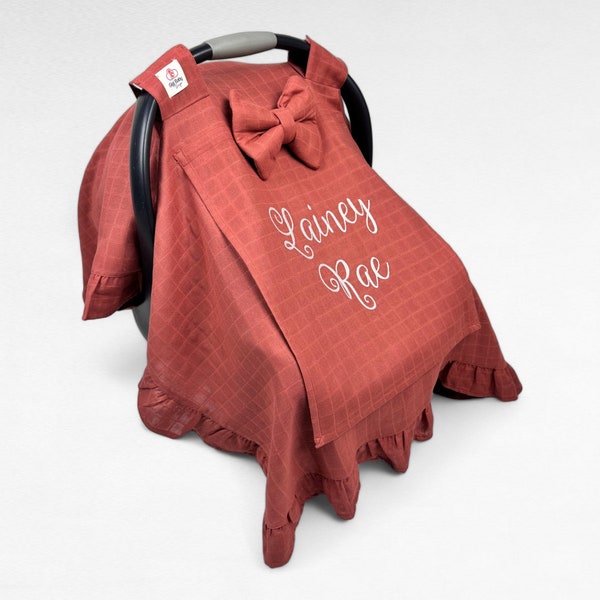 Car Seat Cover Baby Girl, Brick Red Muslin- Personalized Carseat Canopy Cover with Mesh