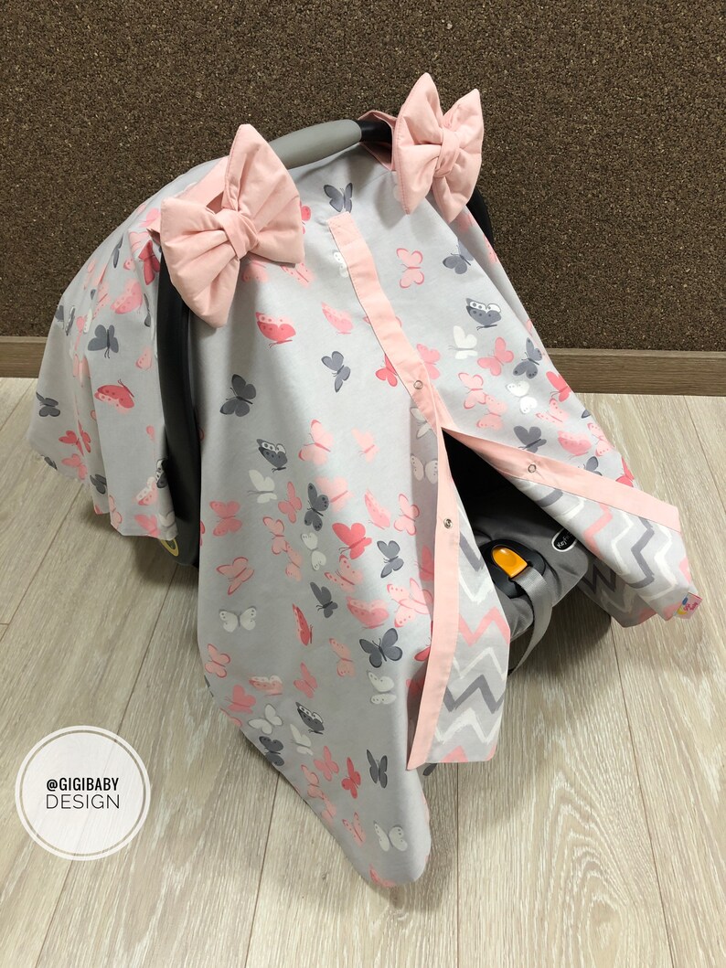 Car Seat Canopy Cover Baby Girl with Gray and Salmon Pink Etsy