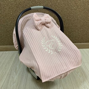 Handleless Car Seat Canopy Cover Baby Girl and Boy in Blush Pique with Peekaboo Mesh Window, Personalized Carseat Cover (100% Cotton)