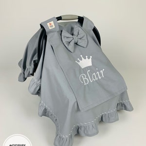 カーシートキャノピーカバー 女の子と男の子用 ダークグレー 100%コットン生地 フリルとリボン&ピーカブーメッシュウィンドウ付き 装飾ステッチカバー