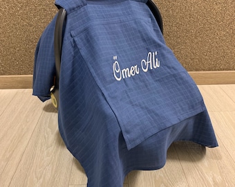 Car Seat Canopy Cover Baby Girl and Boy Denim Blue Muslin Gauze with Peekaboo Mesh Window, Personalized Carseat Cover