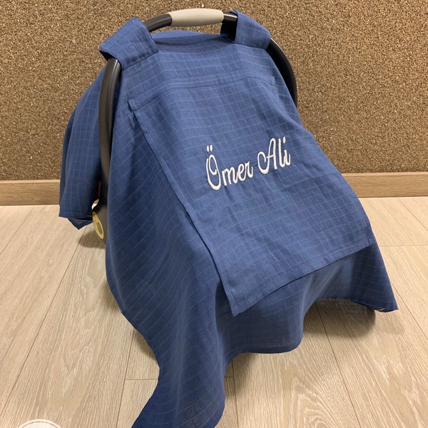 Car Seat Canopy Cover Baby Girl and Boy Denim Blue Muslin Gauze with Peekaboo Mesh Window, Personalized Carseat Cover