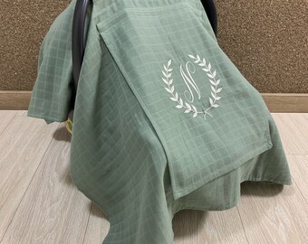 Car Seat Canopy Cover Baby Girl and Boy Green Muslin Gauze With Peekaboo Mesh Window, Personalized Baby Shower Gift