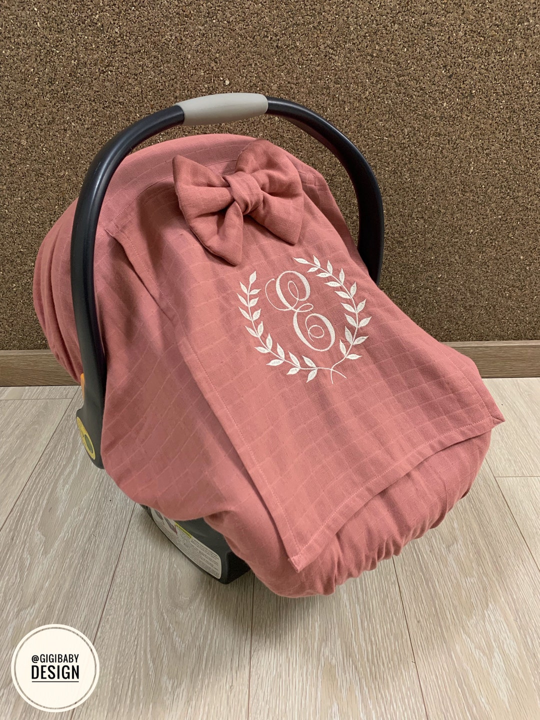 Handleless Car Seat Canopy Cover Baby Girl and Boy in Rose Muslin Gauze With Peekaboo Mesh