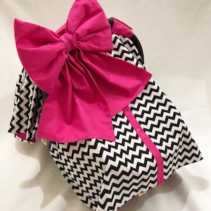 Black And White Chevron and Hot Pink Car Seat Canopy Cover with Black And White Chevron and Hot Pink Big Bow for Baby Girl image 1