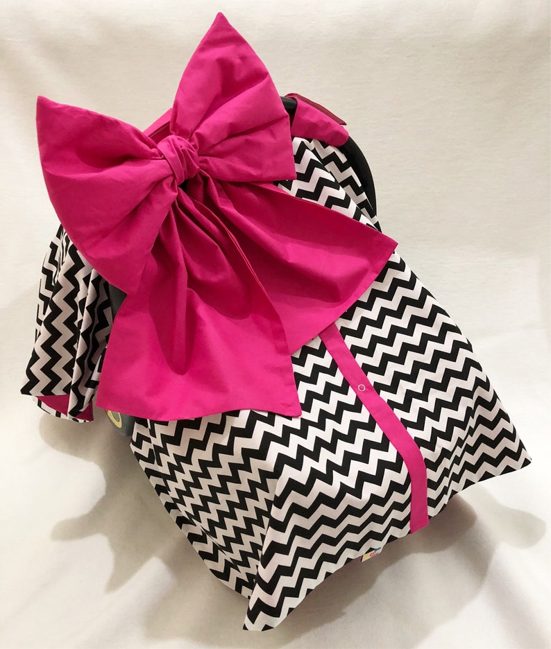 Black And White Chevron and Hot Pink Car Seat Canopy Cover with Black And White Chevron and Hot Pink Big Bow for Baby Girl image 1