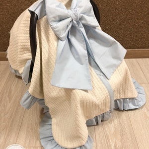 Car Seat Canopy Cover Baby Girl and Boy with Cream Pique Fabric and Lining With Baby Blue Bow & Ruffles, Personalized Car Seat Cover/Cotton