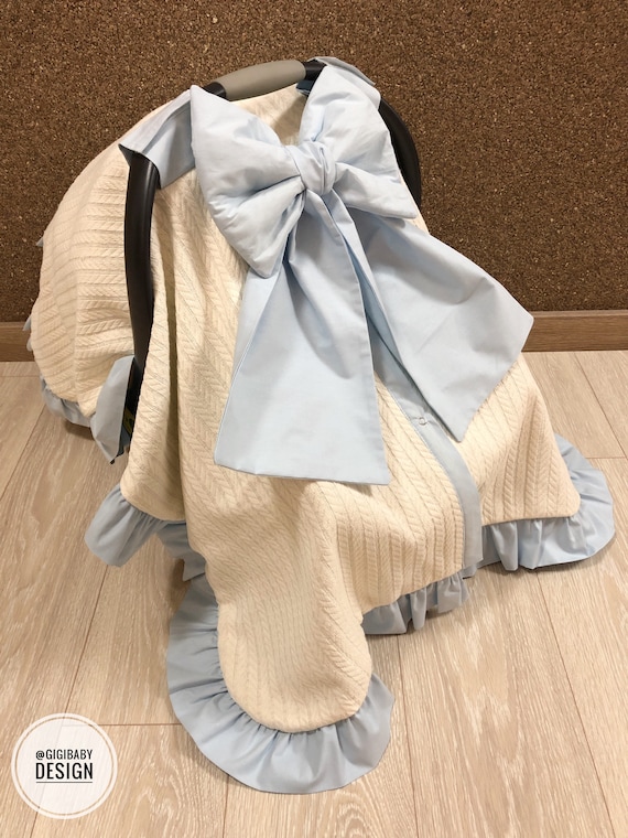 Pique Car Seat Canopy Cover: Cream Fabric, Baby Blue Bow Ruffles