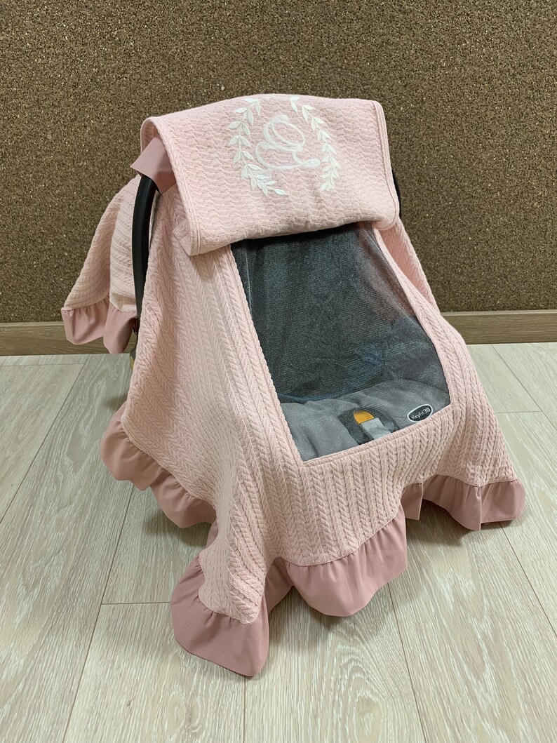 Car Seat Canopy Cover Baby Girl and Boy Blush Pique with Peekaboo Window, 100% Cotton Personalized Carseat Cover, Baby Shower Gift image 2