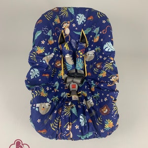 Protector de asiento de coche para bebé con diseño de jungla azul y fundas para correas, 100 % algodón orgánico, regalo personalizado para baby shower o mamá