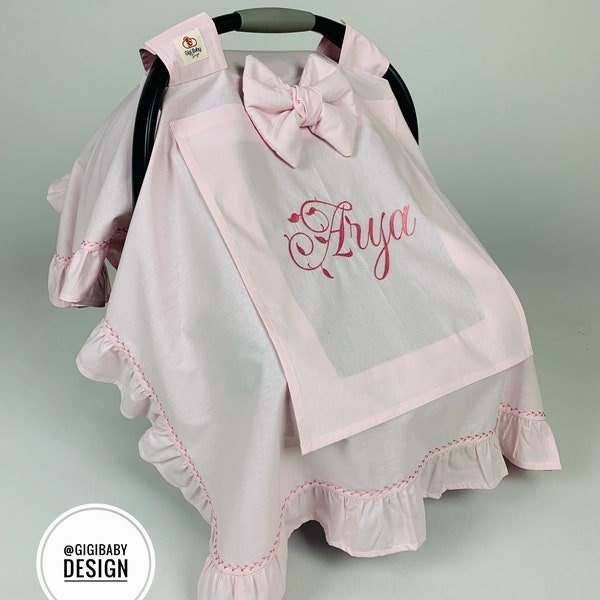 Car Seat Canopy Cover Baby Girl in Light Pink Cotton Fabric with Ruffles and Bow & Peekaboo Mesh Window, Decorative Stitched Cover