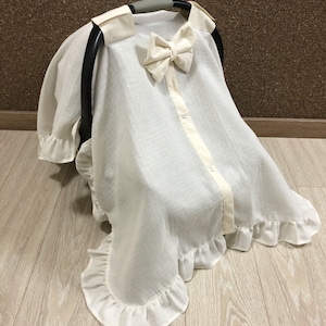 カーシートキャノピーカバー 女の子と男の子用 モスリンガーゼ フリルとリボン付き パーソナライズされたカーシートカバー